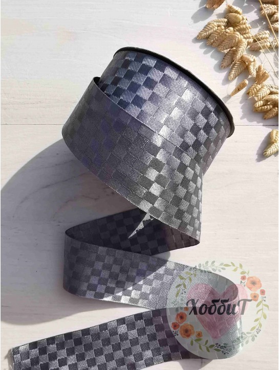 Лента декоративная двусторонняя "Квадратики" 4см. (серый)